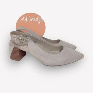 Bettye Muller taupe block heel sling back shoes 6.5 NWOT